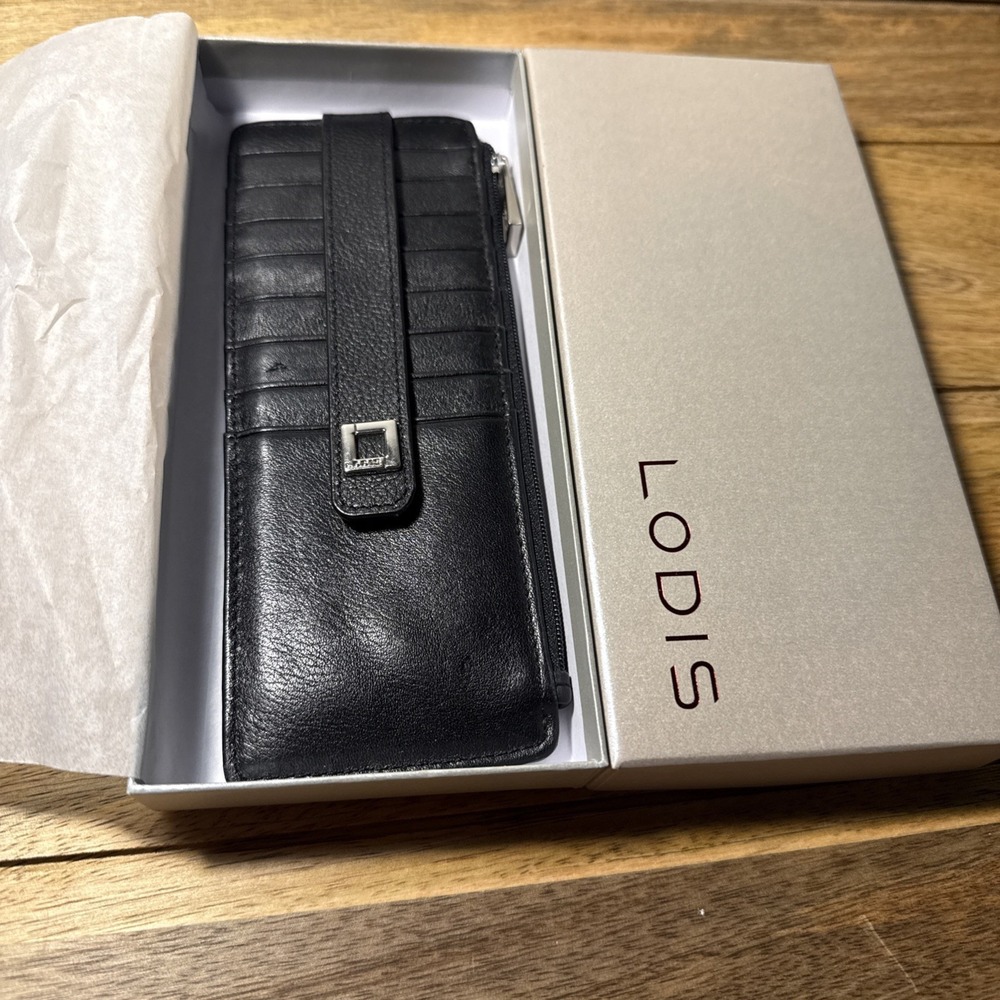 Lodis Wallet Credit Card Case Italian Leather Side Zip And Snap In Black